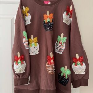 QUEEN OF SPARKLES Brown Sweatshirt with Colorful Apple Design